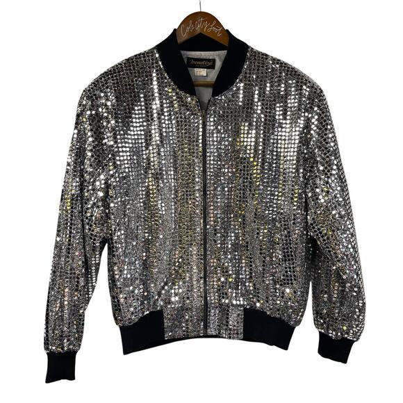 Monaliza Silver Sequin Party Jacket Bomber XL Vintage Disco NYE - Picture 1 of 8